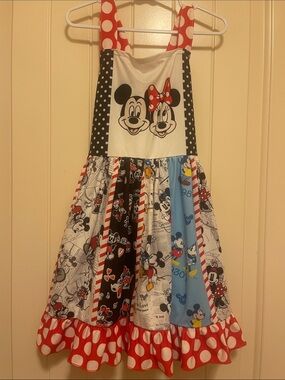 5-6 girls Minnie & Mickey Polka Dot Patchwork Sundress - Red, Black, White, Blue